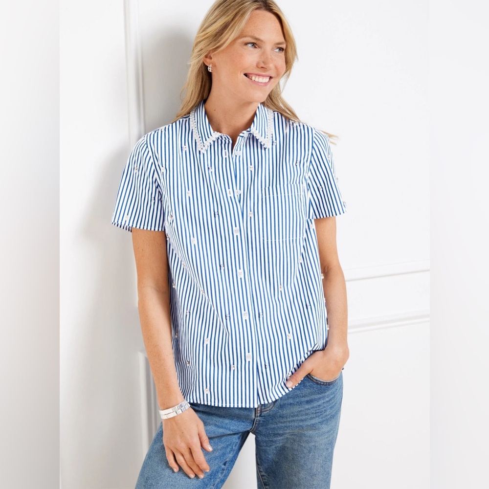 Talbots Blue White Stripe Embellished Short Sleeve Shirt Petite M